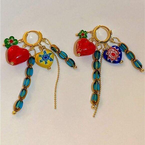 Colorful Heart and Bead Earrings N1062 - Picture 1 of 4